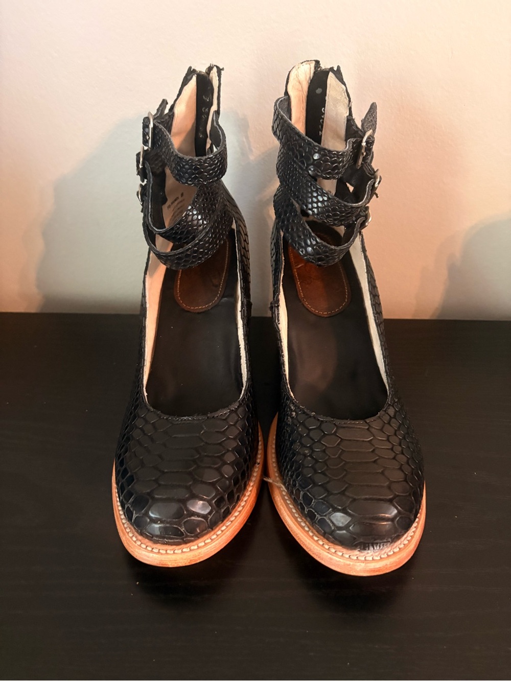 🦅FREEBIRD- RANDI🦅 Black Snakeskin Ankle-Strap Heels